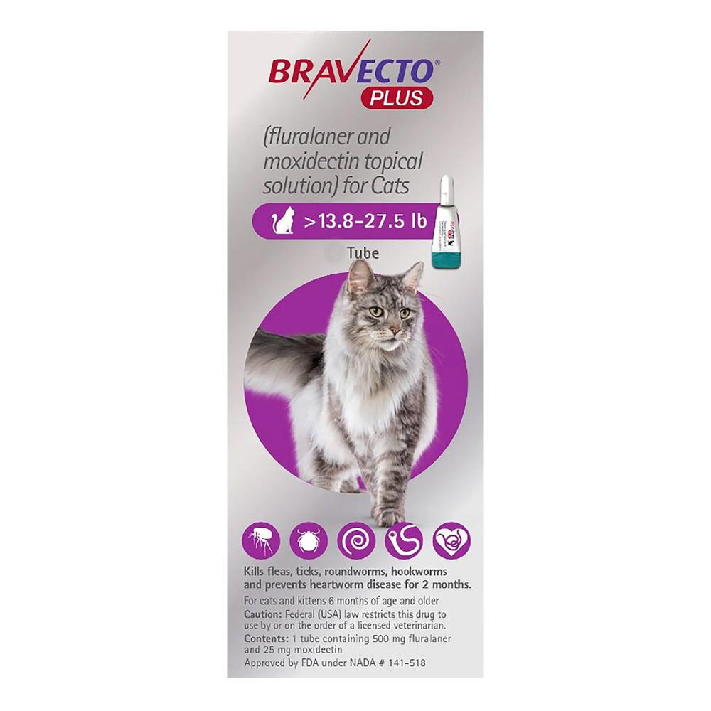 Bravecto Plus for Large Cats 500 mg (13.75 to 27.5 lbs) Purple